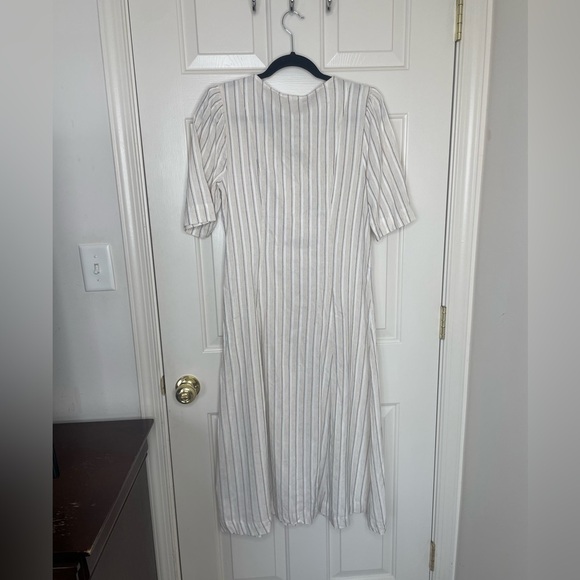 ICHI Striped Button Down Maxi Dress Linen Blend Look V-Neck Short Sleeve Neutral - Picture 8 of 15
